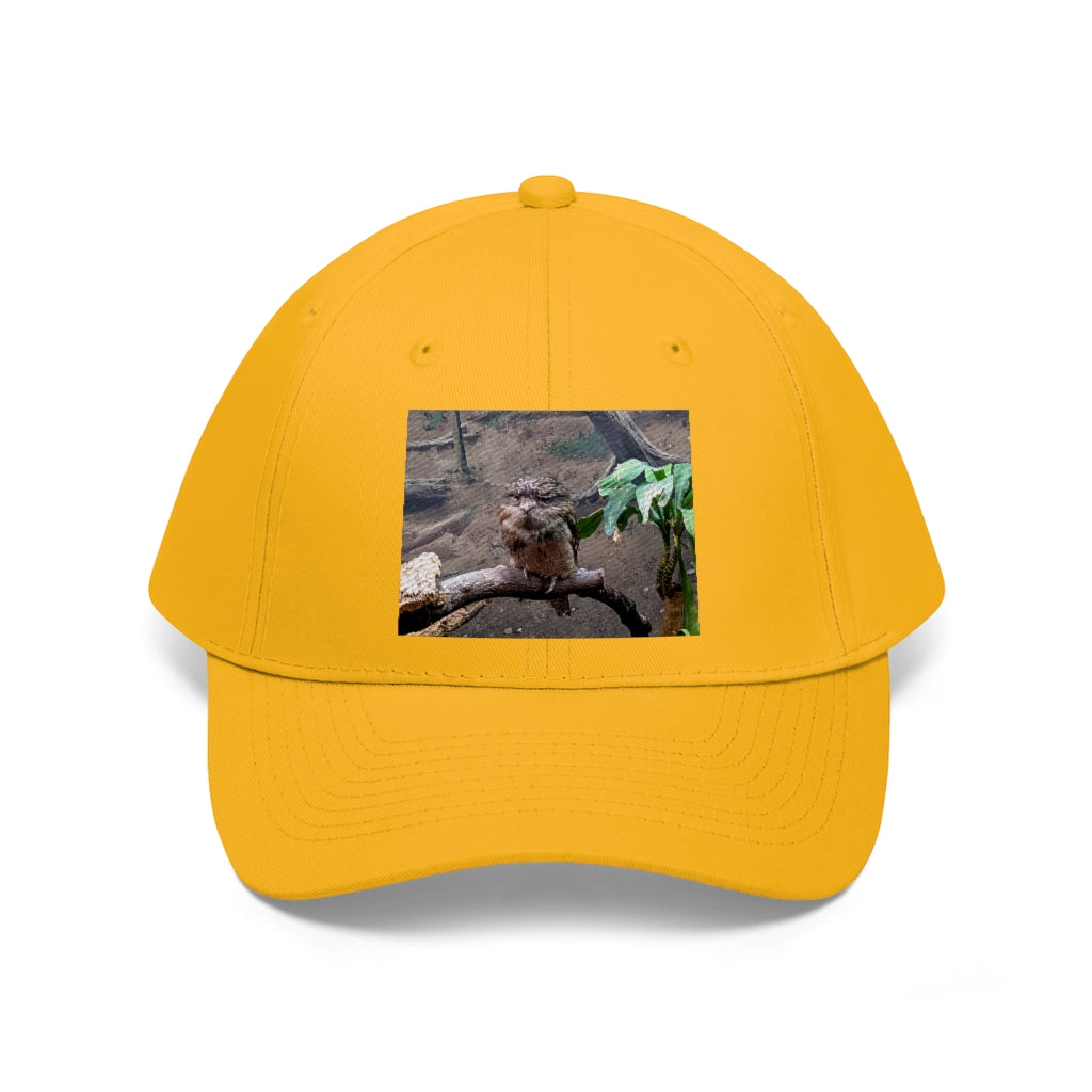 Bird Owl Unisex Twill Hat featuring a classic 6-panel design, adjustable Velcro closure, and made from 100% cotton twill for comfort and durability.