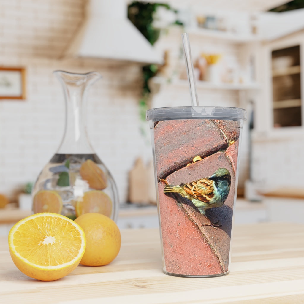 Bird Plastic Tumbler with Straw showcasing a customizable design and double wall insulation, perfect for drinks at any event.