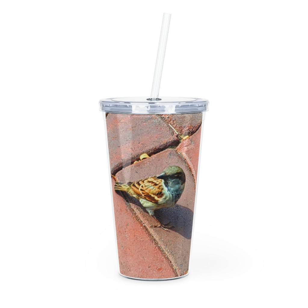 Bird Plastic Tumbler with Straw showcasing a customizable design and double wall insulation, perfect for drinks at any event.