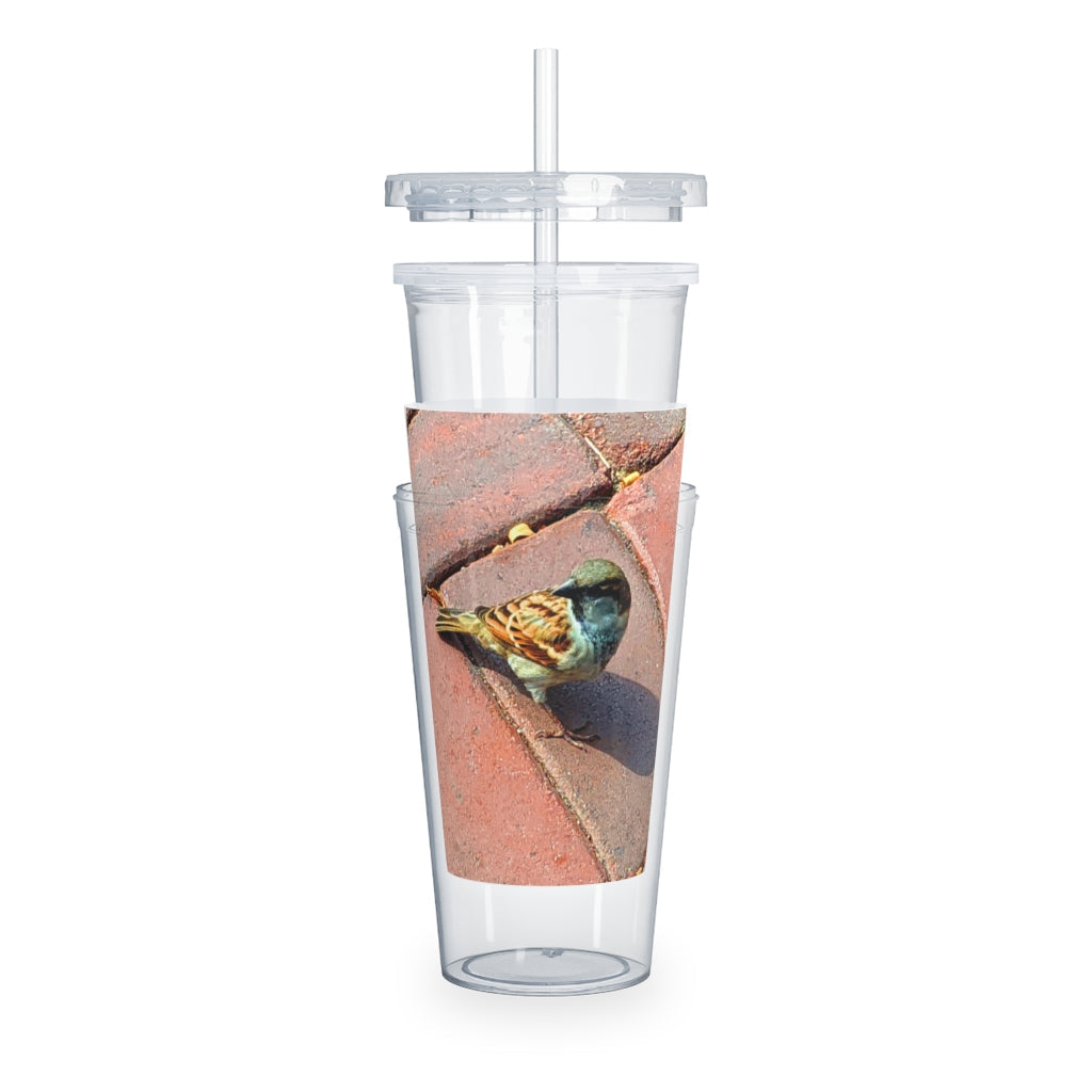 Bird Plastic Tumbler with Straw showcasing a customizable design and double wall insulation, perfect for drinks at any event.