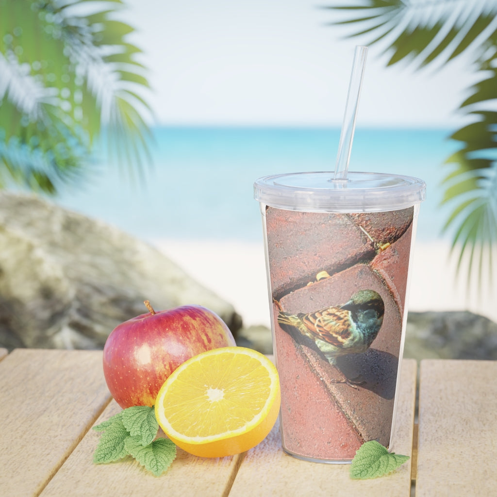 Bird Plastic Tumbler with Straw showcasing a customizable design and double wall insulation, perfect for drinks at any event.