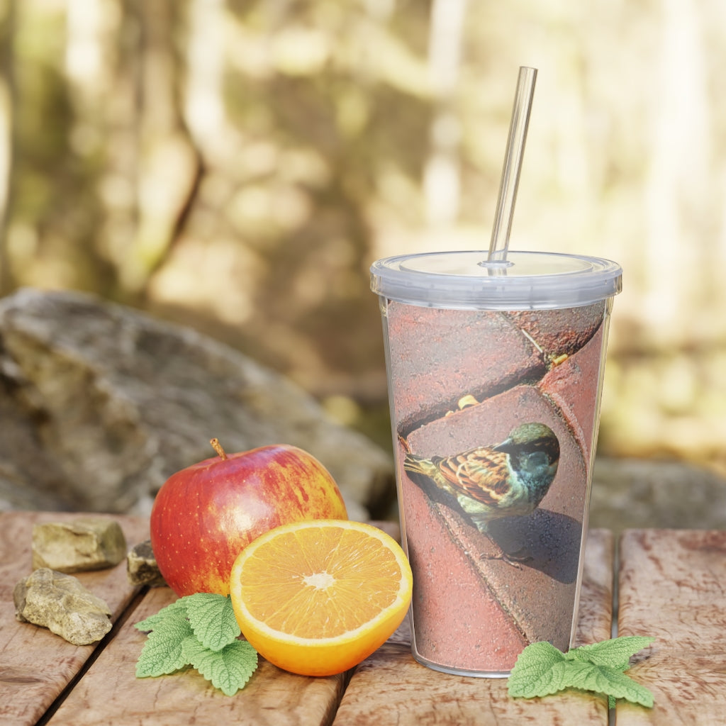 Bird Plastic Tumbler with Straw showcasing a customizable design and double wall insulation, perfect for drinks at any event.