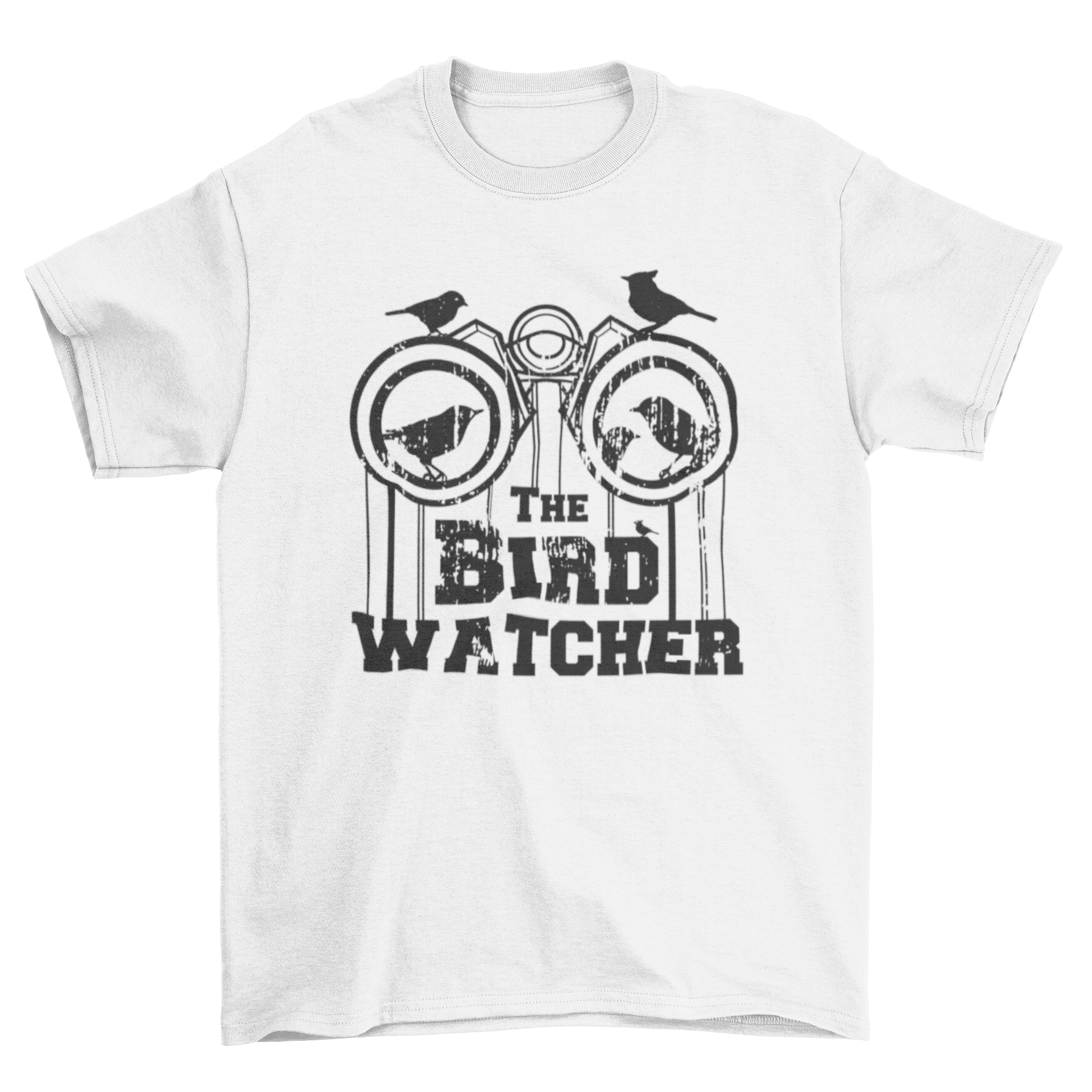 A stylish t-shirt featuring binoculars and birds with the quote 'The Bird Watcher', perfect for bird enthusiasts.