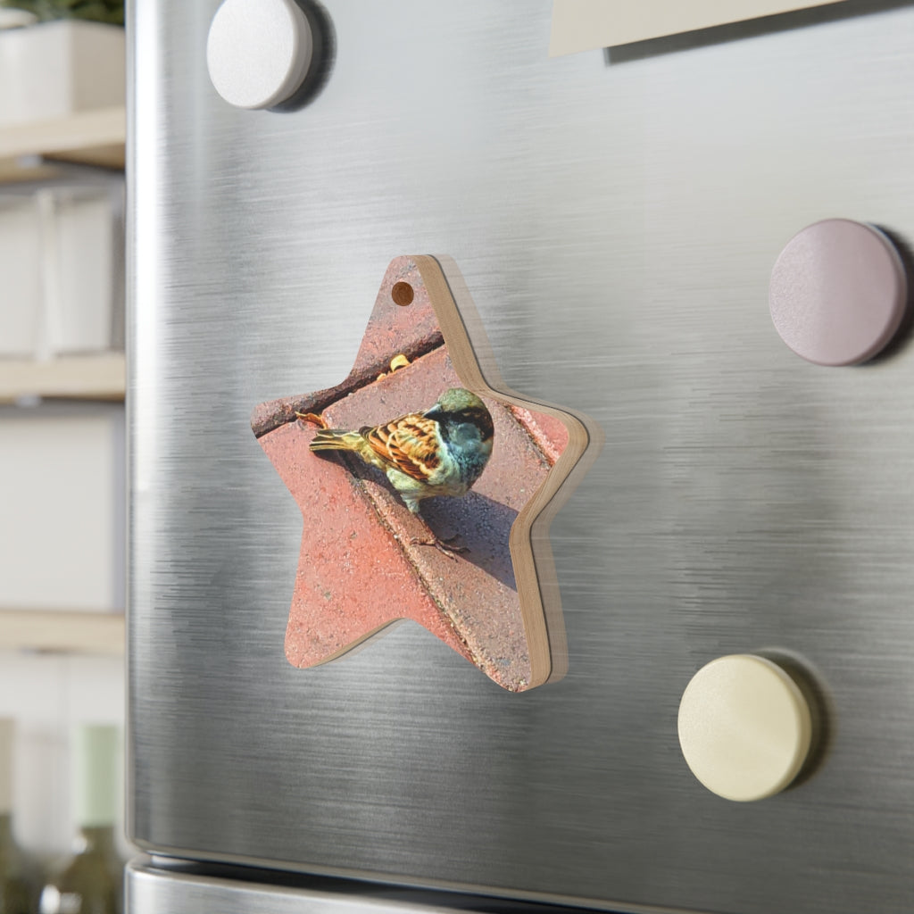 A collection of Bird Wooden Christmas Ornaments in various whimsical shapes, featuring a rustic wood finish and red ribbons for hanging.