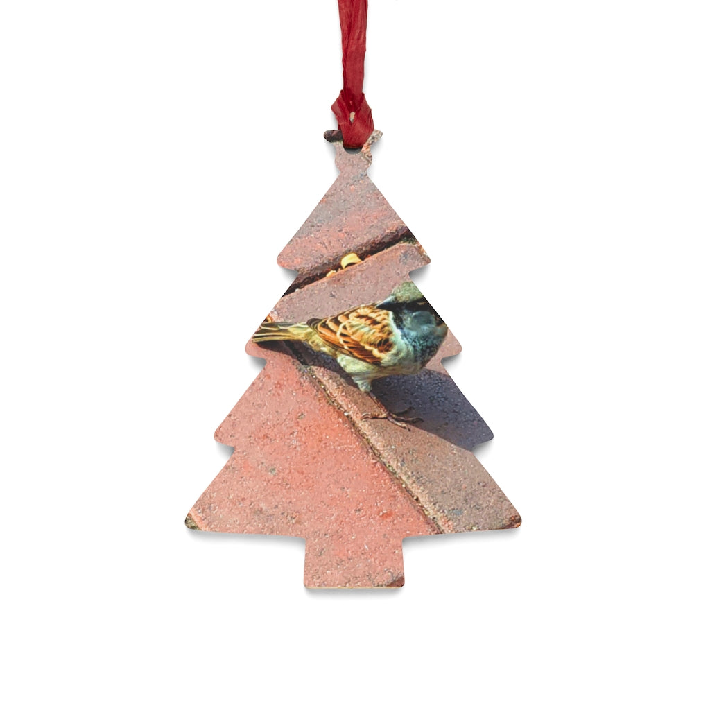 A collection of Bird Wooden Christmas Ornaments in various whimsical shapes, featuring a rustic wood finish and red ribbons for hanging.