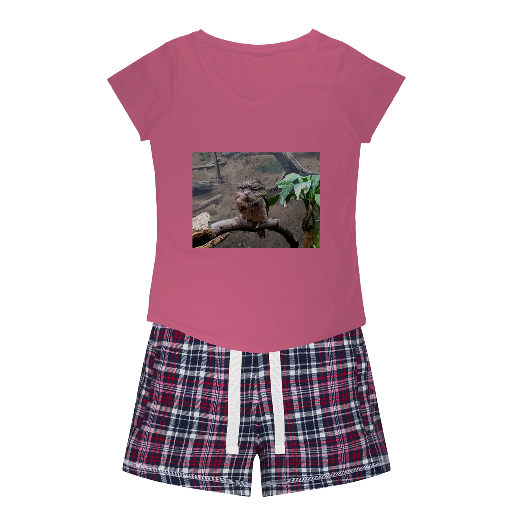 BirdOwl Women's Sleepy Tee and Flannel Short set featuring a relaxed fit T-shirt and colorful flannel shorts, perfect for cozy nights.
