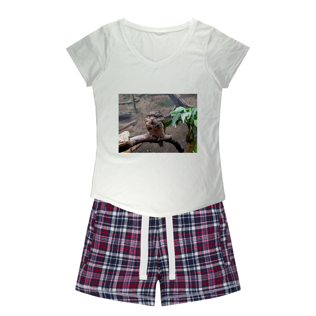 BirdOwl Women's Sleepy Tee and Flannel Short set featuring a relaxed fit T-shirt and colorful flannel shorts, perfect for cozy nights.
