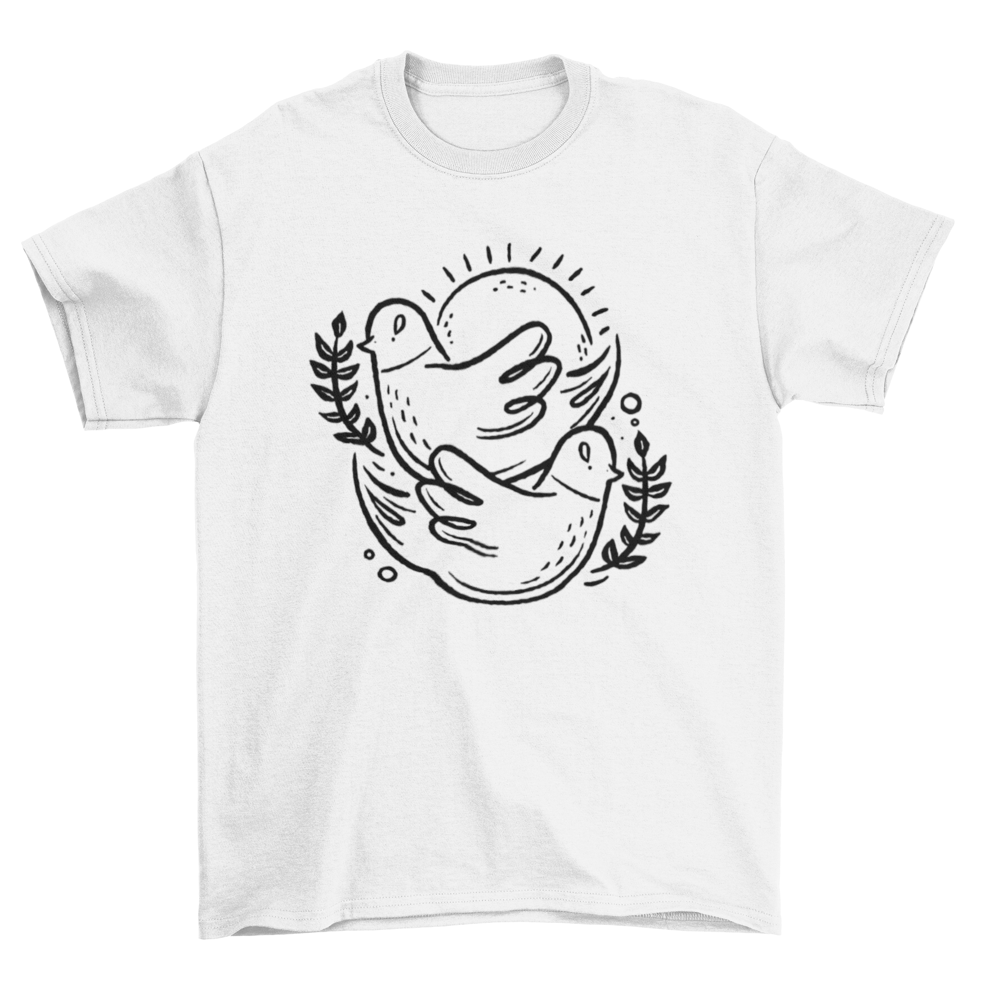 A cute t-shirt featuring two birds in stroke style against a vibrant sun background.