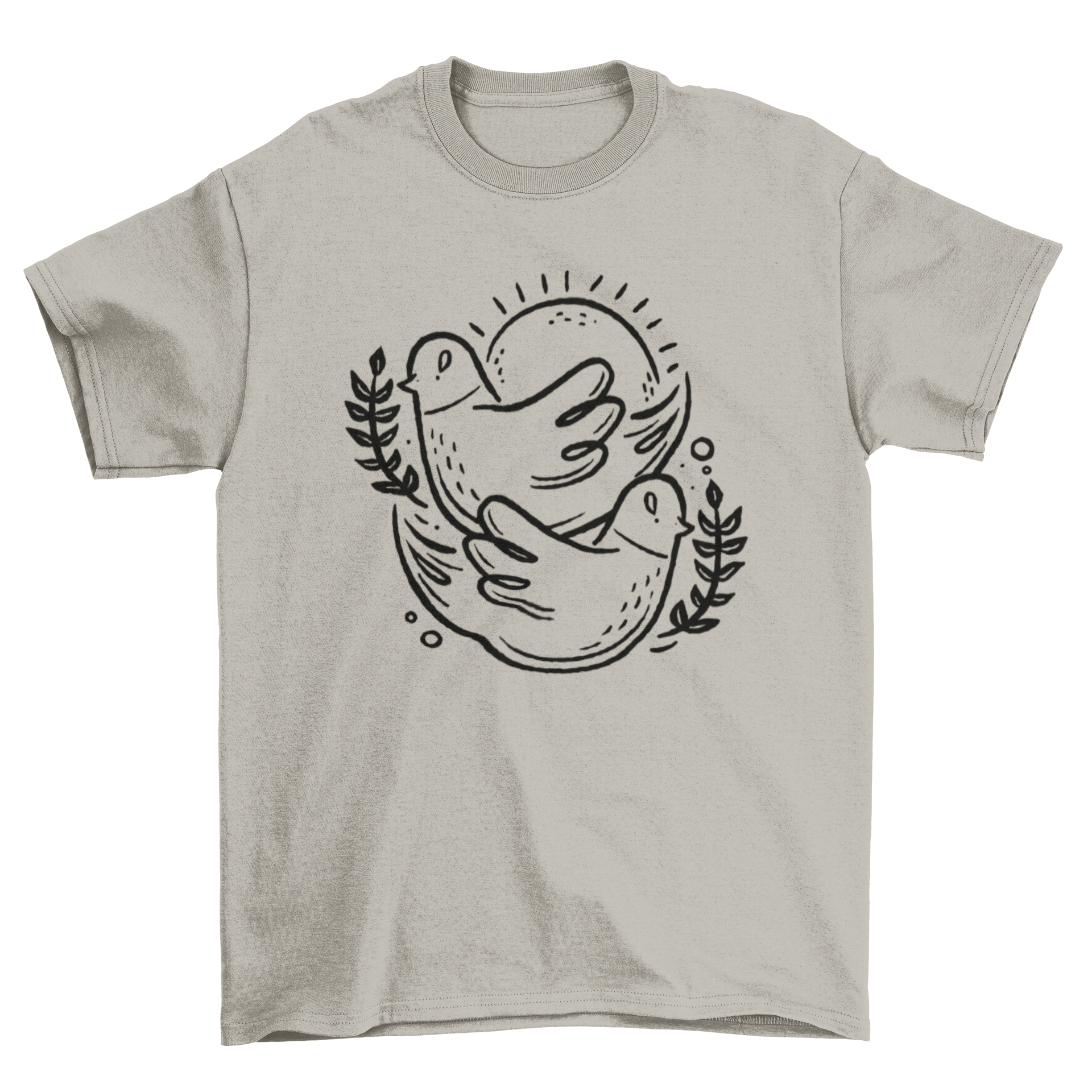 A cute t-shirt featuring two birds in stroke style against a vibrant sun background.