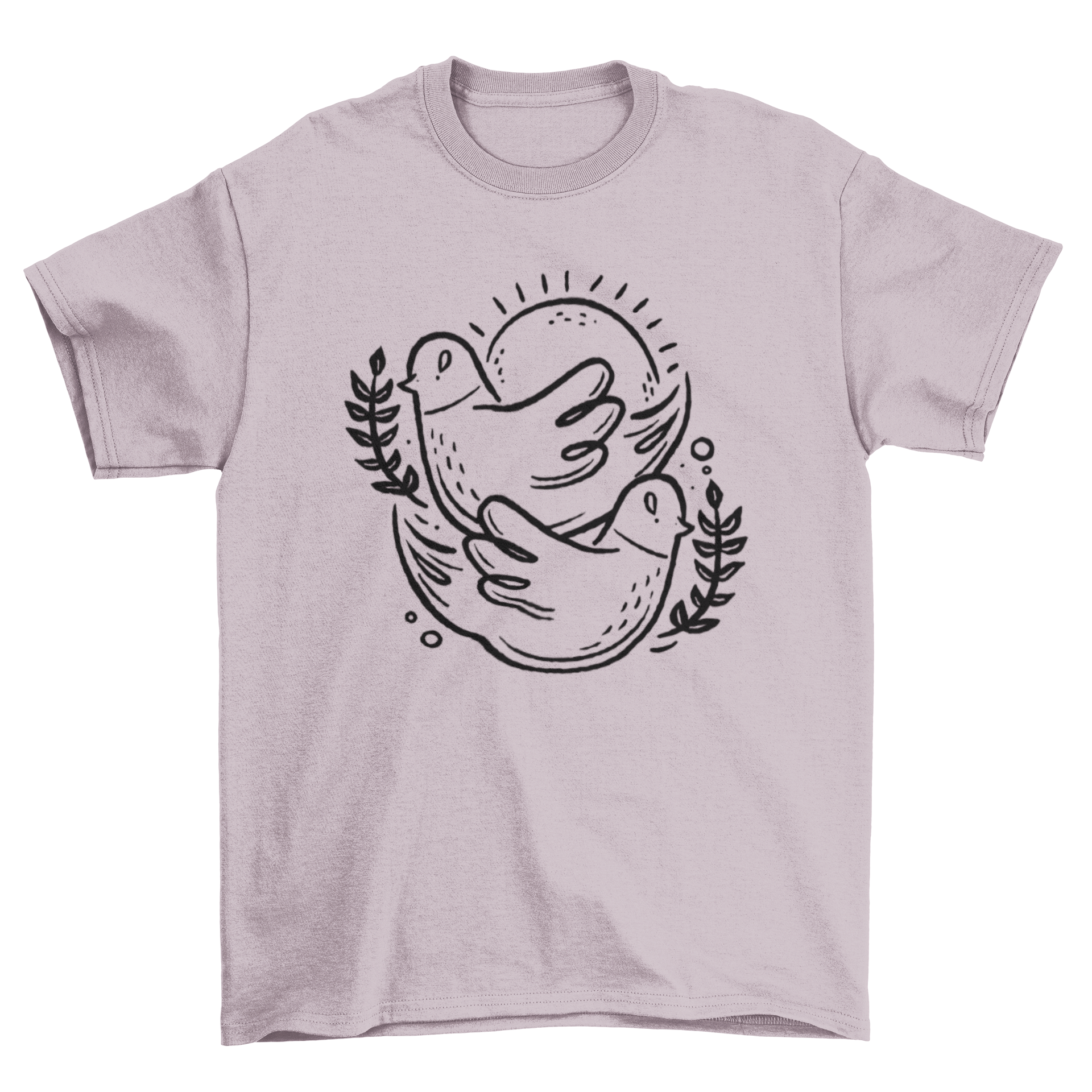 A cute t-shirt featuring two birds in stroke style against a vibrant sun background.