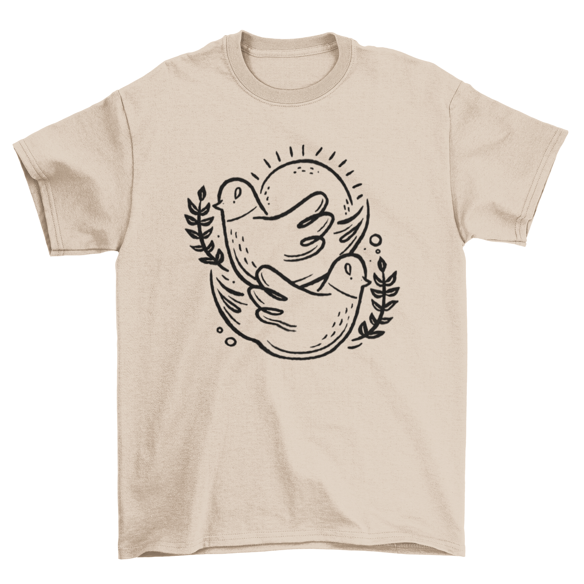 A cute t-shirt featuring two birds in stroke style against a vibrant sun background.