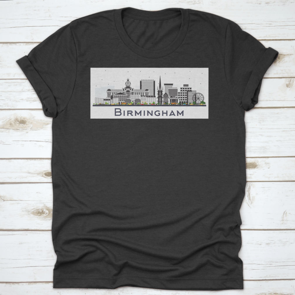 A vibrant illustration of the Birmingham UK city skyline featuring colorful buildings against a white background.