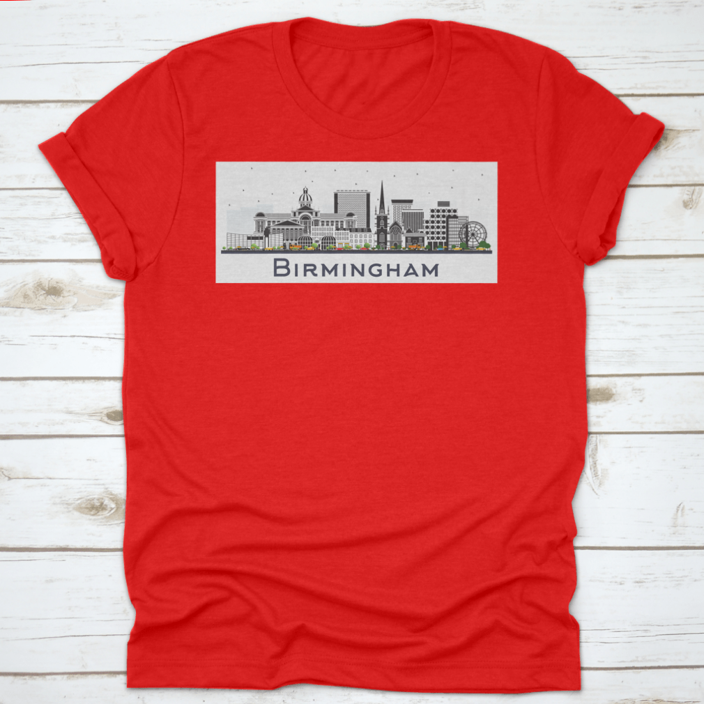 A vibrant illustration of the Birmingham UK city skyline featuring colorful buildings against a white background.