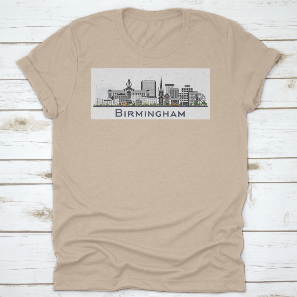 A vibrant illustration of the Birmingham UK city skyline featuring colorful buildings against a white background.