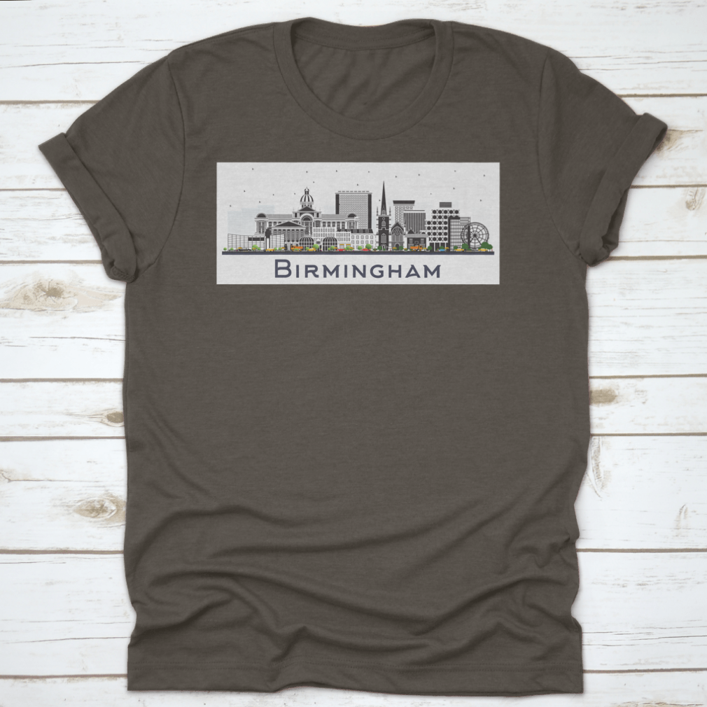 A vibrant illustration of the Birmingham UK city skyline featuring colorful buildings against a white background.