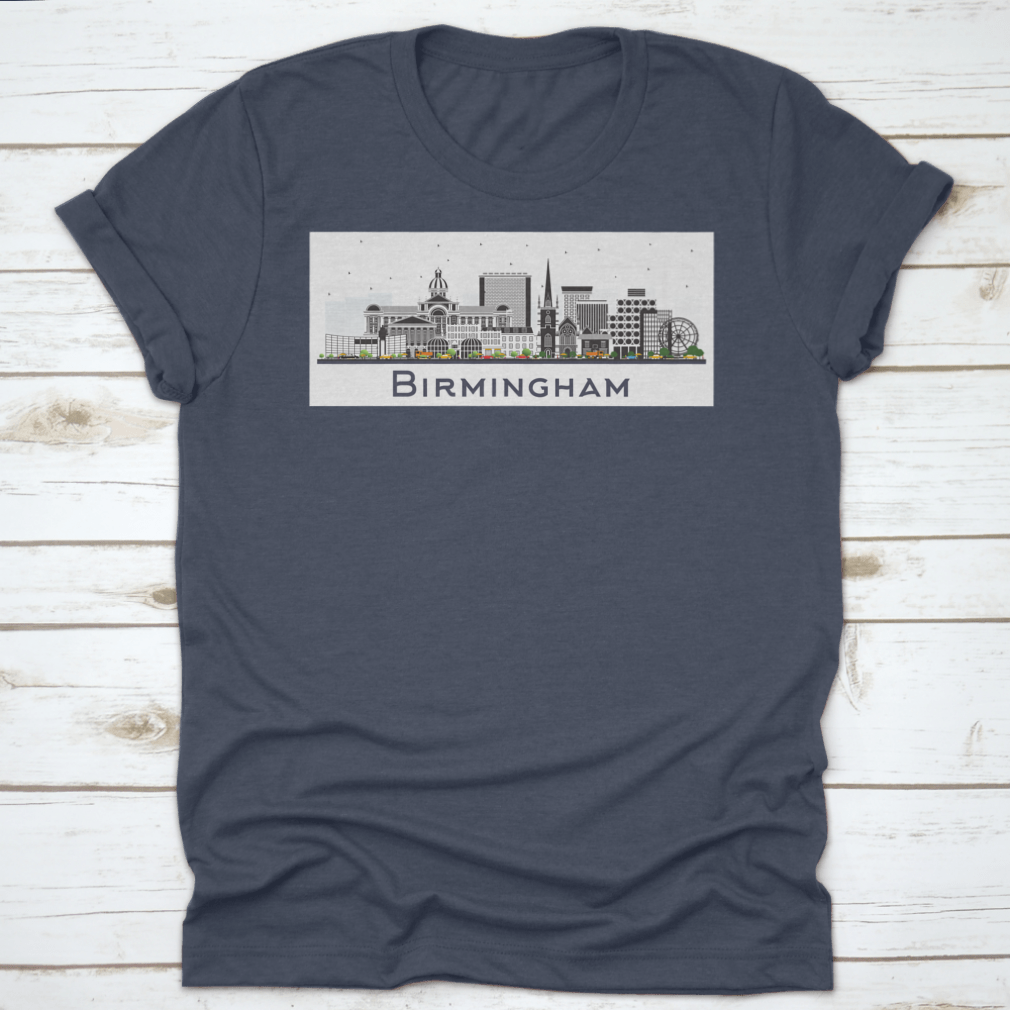 A vibrant illustration of the Birmingham UK city skyline featuring colorful buildings against a white background.