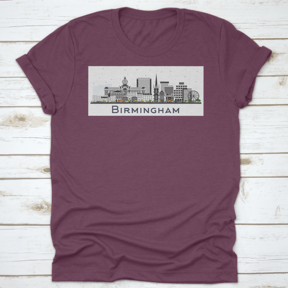 A vibrant illustration of the Birmingham UK city skyline featuring colorful buildings against a white background.