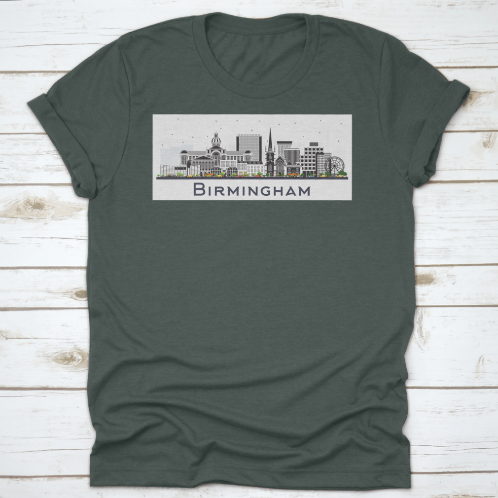 A vibrant illustration of the Birmingham UK city skyline featuring colorful buildings against a white background.