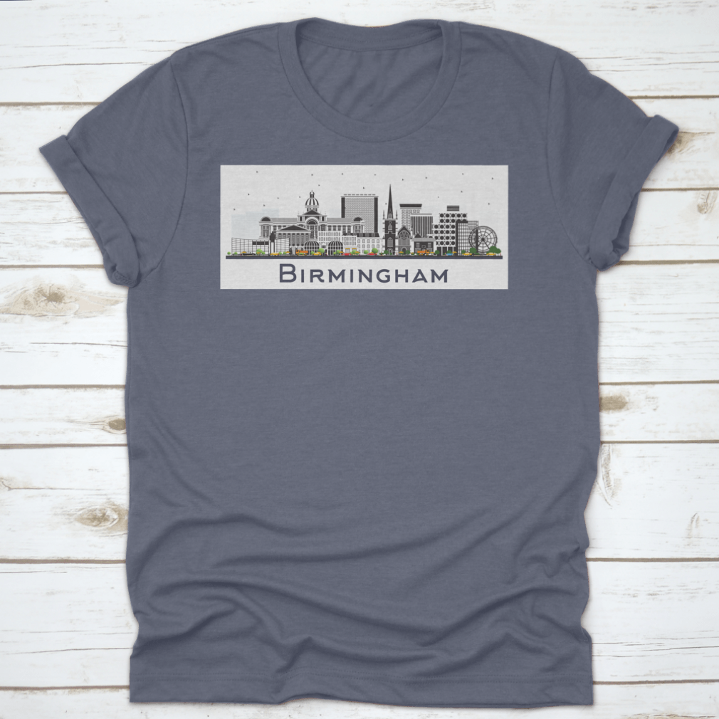 A vibrant illustration of the Birmingham UK city skyline featuring colorful buildings against a white background.