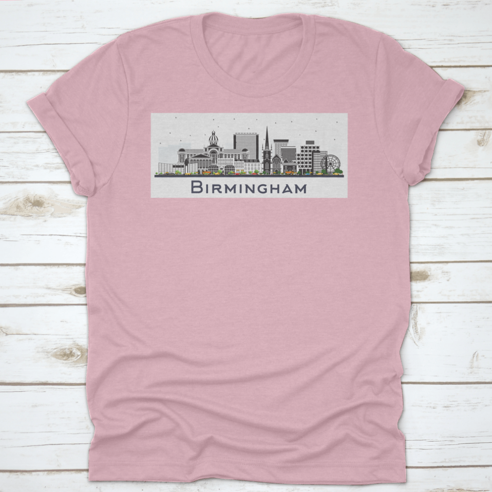 A vibrant illustration of the Birmingham UK city skyline featuring colorful buildings against a white background.