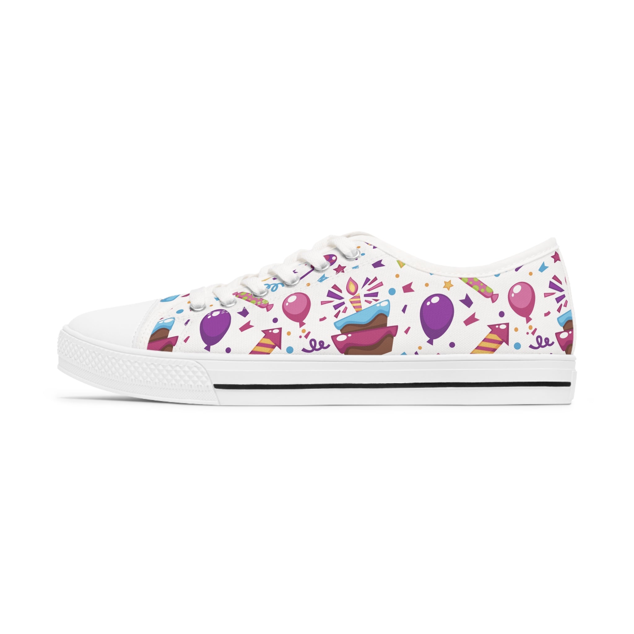 A pair of stylish Birthday Women's Low Top Sneakers in black and white, featuring breathable canvas and memory foam insoles.