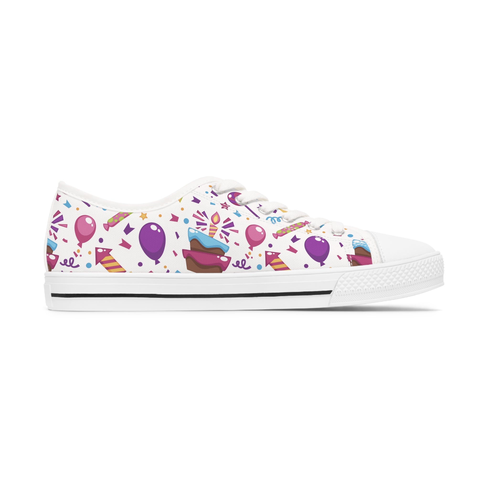 A pair of stylish Birthday Women's Low Top Sneakers in black and white, featuring breathable canvas and memory foam insoles.