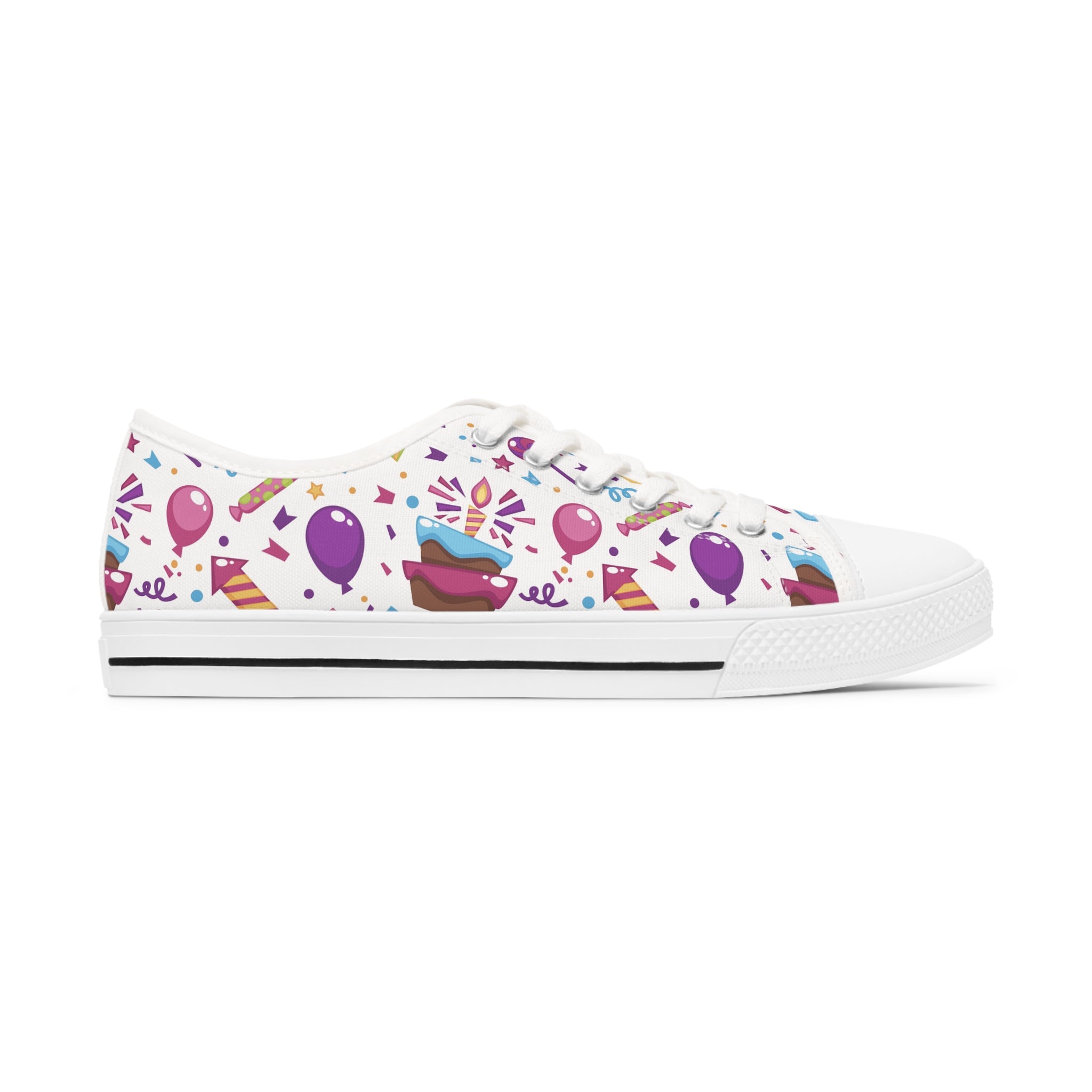 A pair of stylish Birthday Women's Low Top Sneakers in black and white, featuring breathable canvas and memory foam insoles.