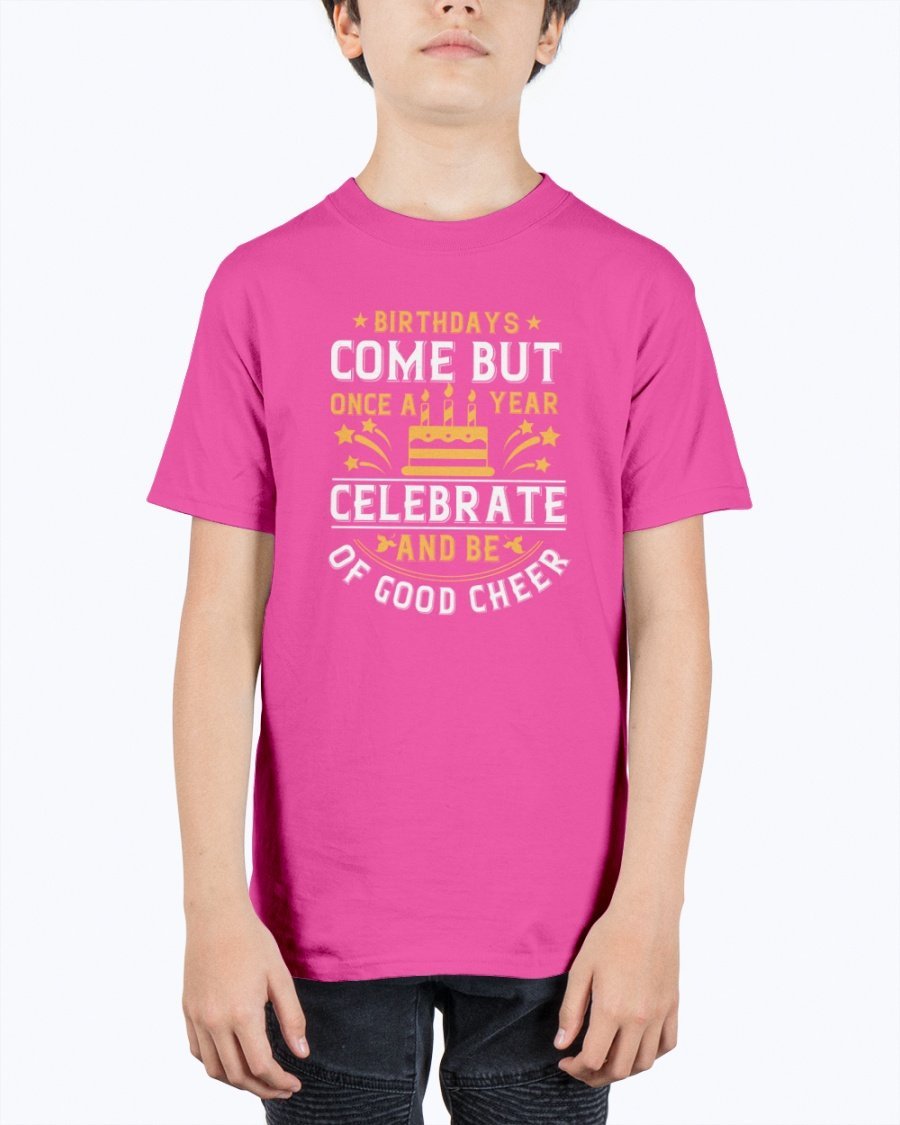 Youth T-shirt featuring a cheerful birthday design, made from durable cotton blend, perfect for celebrations.