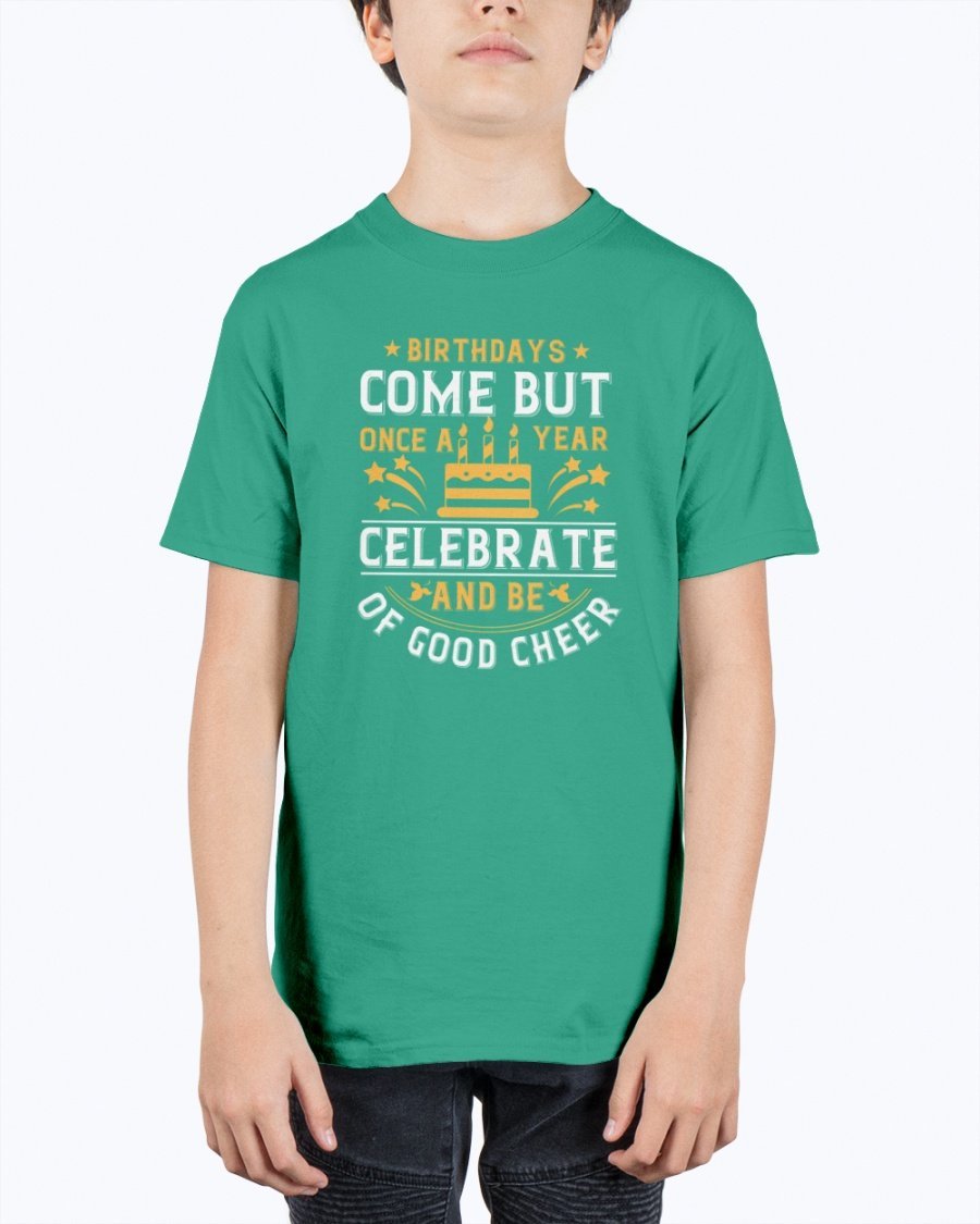 Youth T-shirt featuring a cheerful birthday design, made from durable cotton blend, perfect for celebrations.