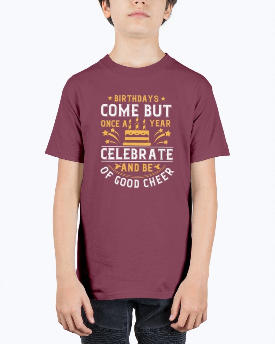 Youth T-shirt featuring a cheerful birthday design, made from durable cotton blend, perfect for celebrations.