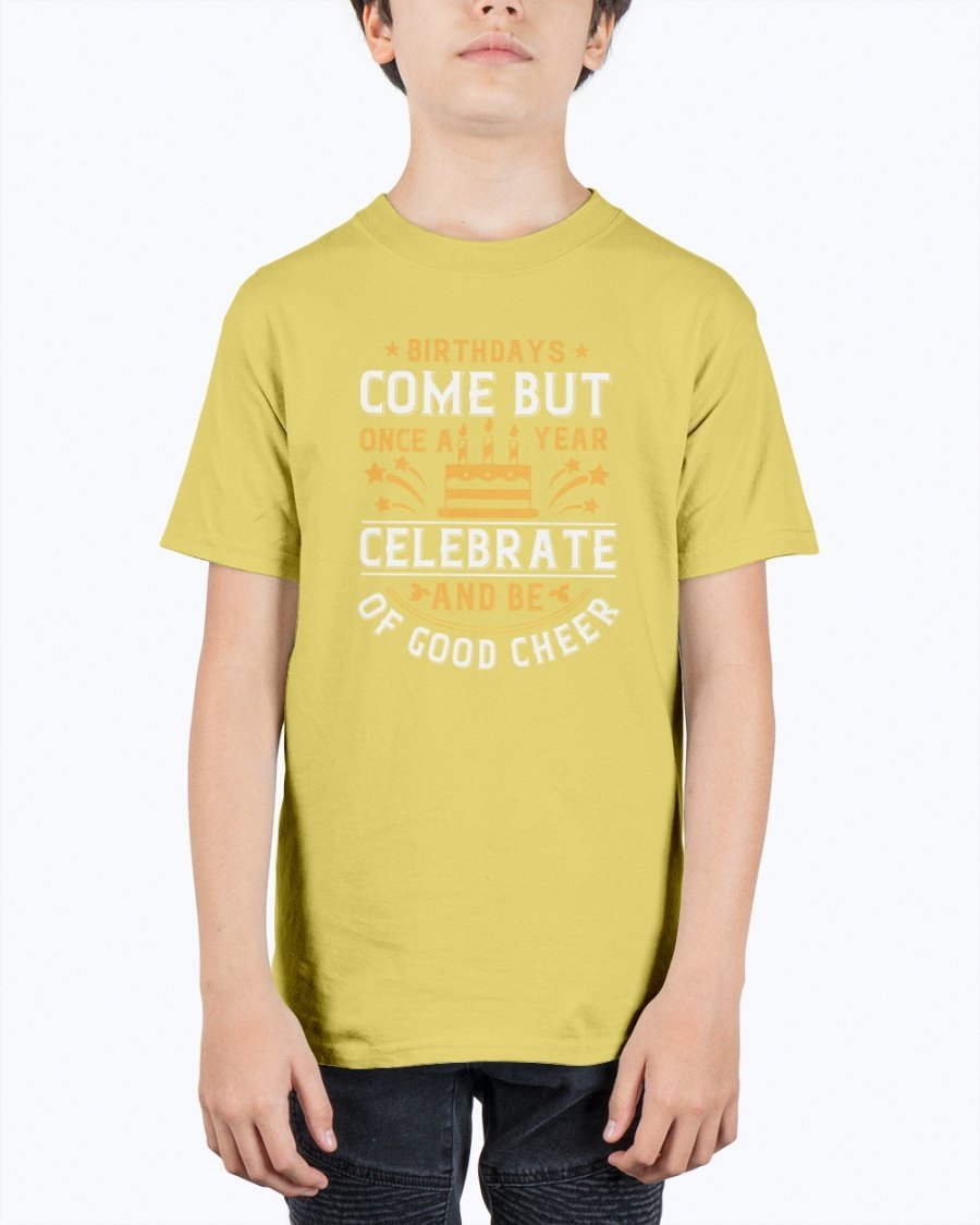 Youth T-shirt featuring a cheerful birthday design, made from durable cotton blend, perfect for celebrations.