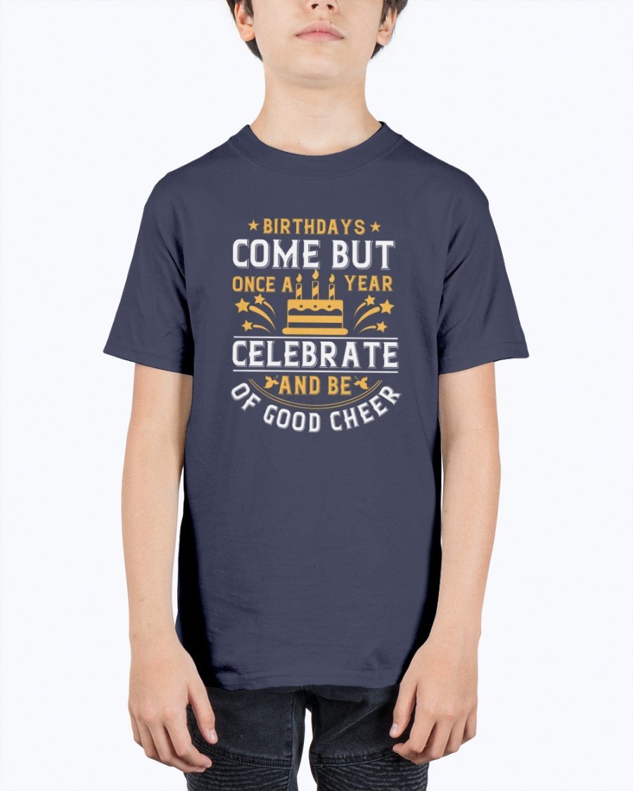 Youth T-shirt featuring a cheerful birthday design, made from durable cotton blend, perfect for celebrations.