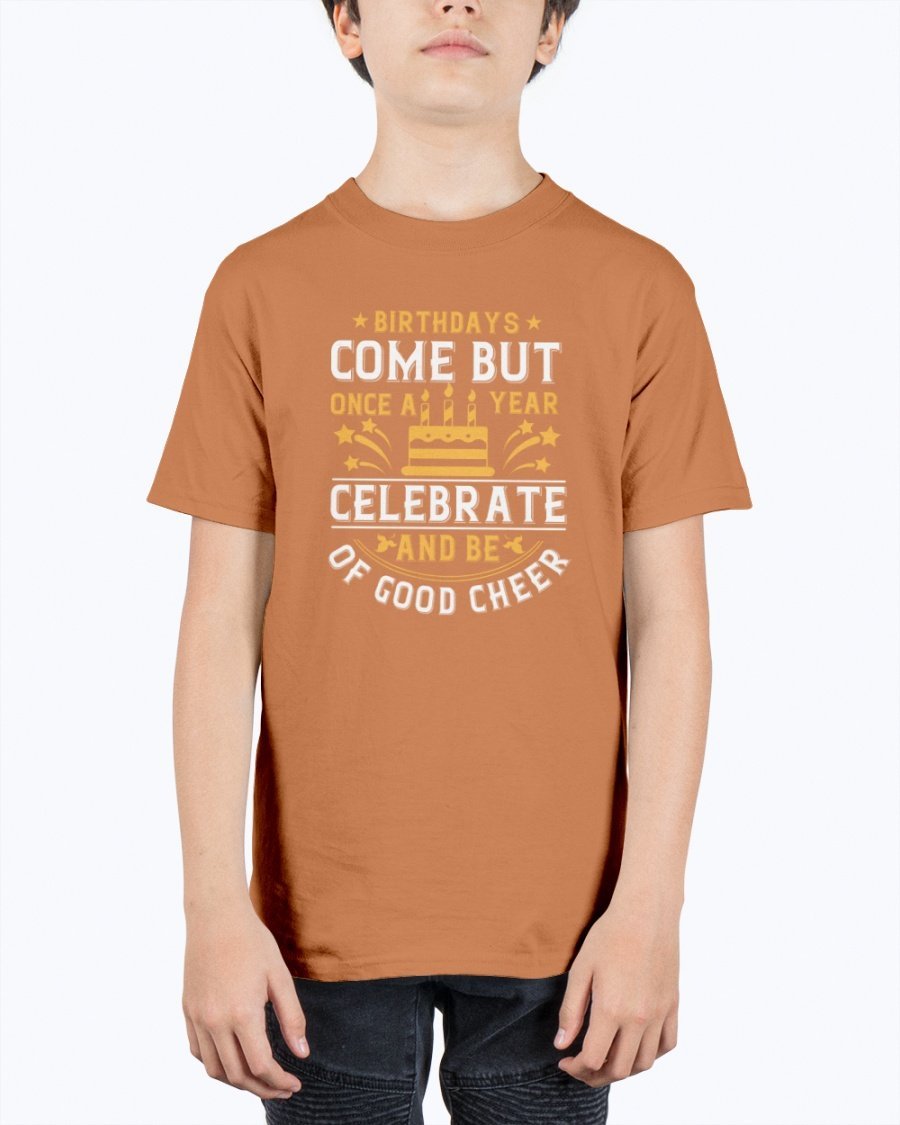 Youth T-shirt featuring a cheerful birthday design, made from durable cotton blend, perfect for celebrations.