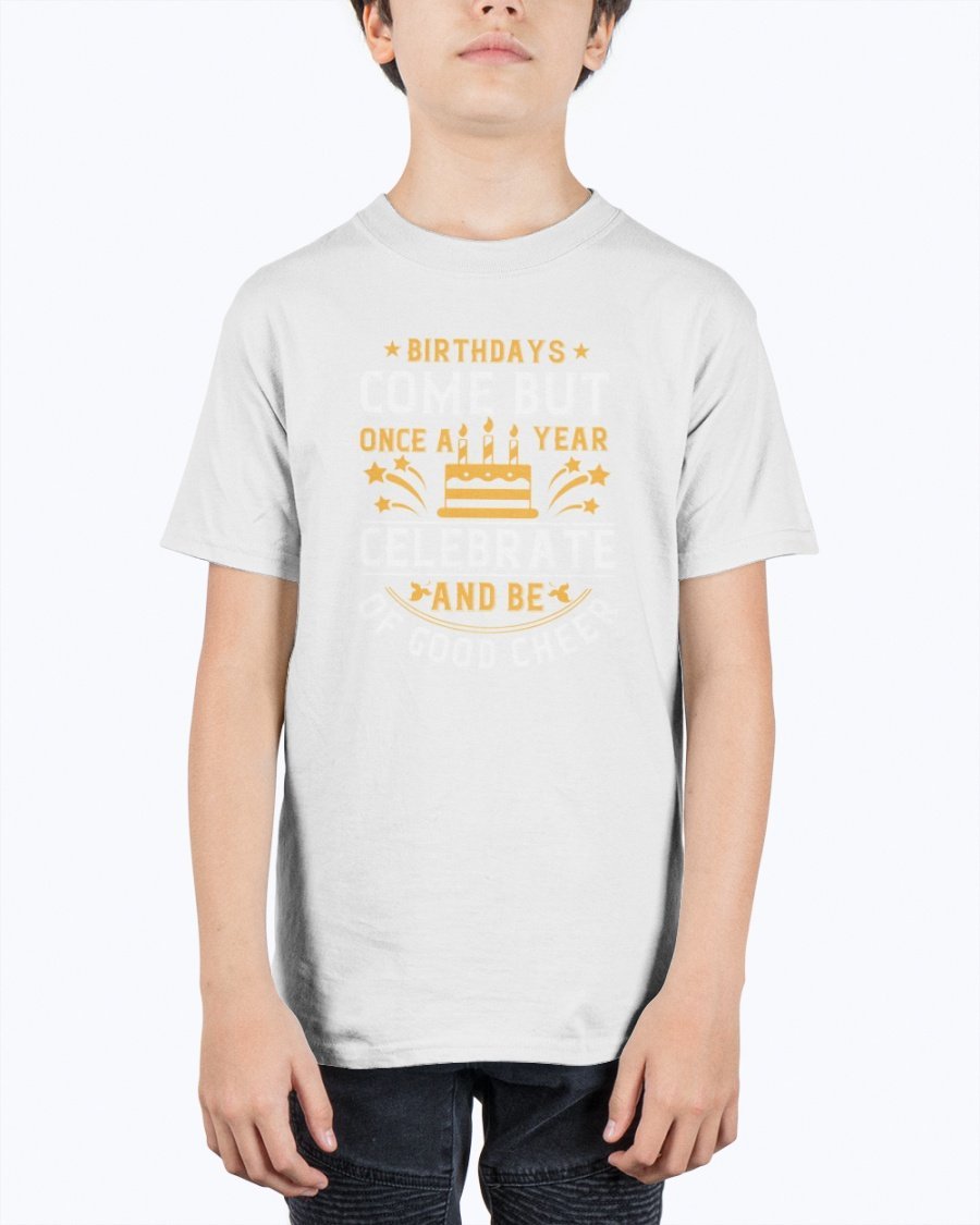 Youth T-shirt featuring a cheerful birthday design, made from durable cotton blend, perfect for celebrations.
