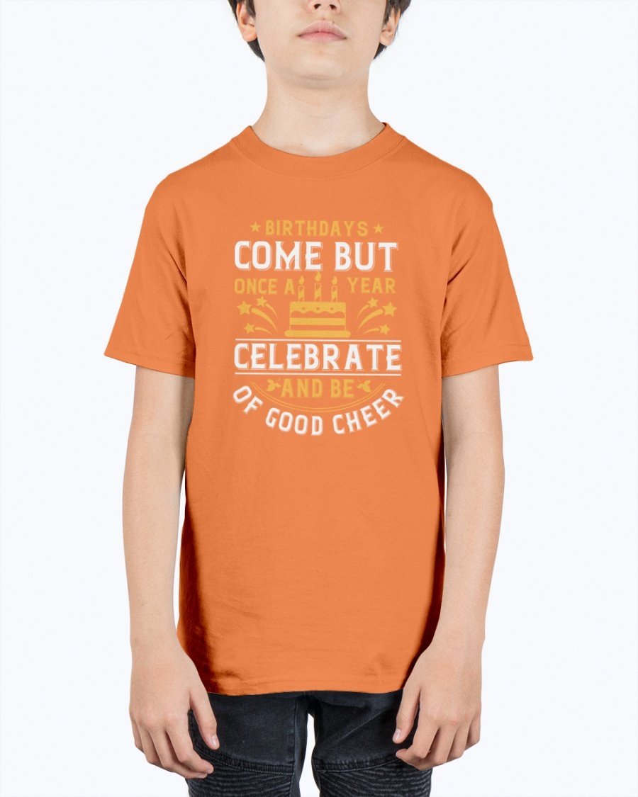 Youth T-shirt featuring a cheerful birthday design, made from durable cotton blend, perfect for celebrations.