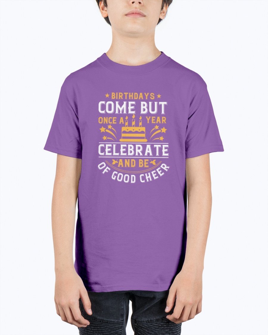 Youth T-shirt featuring a cheerful birthday design, made from durable cotton blend, perfect for celebrations.