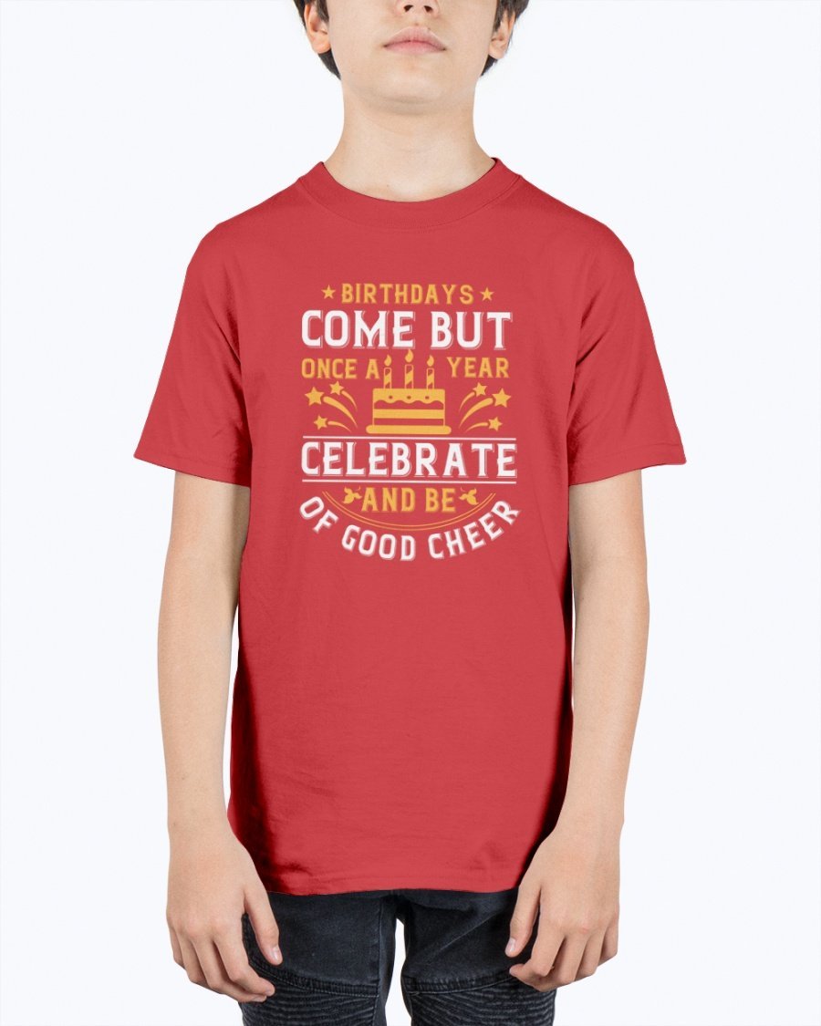 Youth T-shirt featuring a cheerful birthday design, made from durable cotton blend, perfect for celebrations.