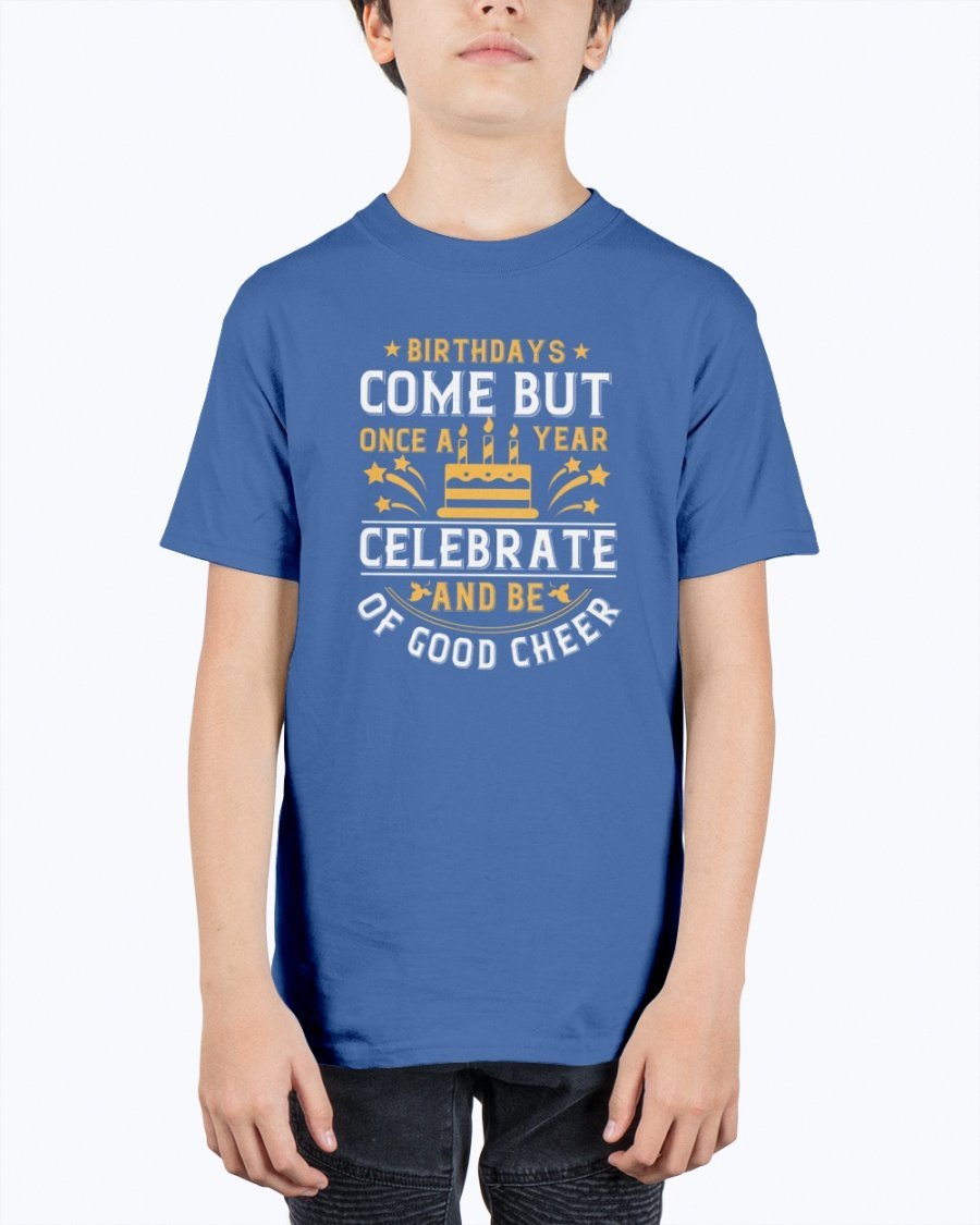 Youth T-shirt featuring a cheerful birthday design, made from durable cotton blend, perfect for celebrations.