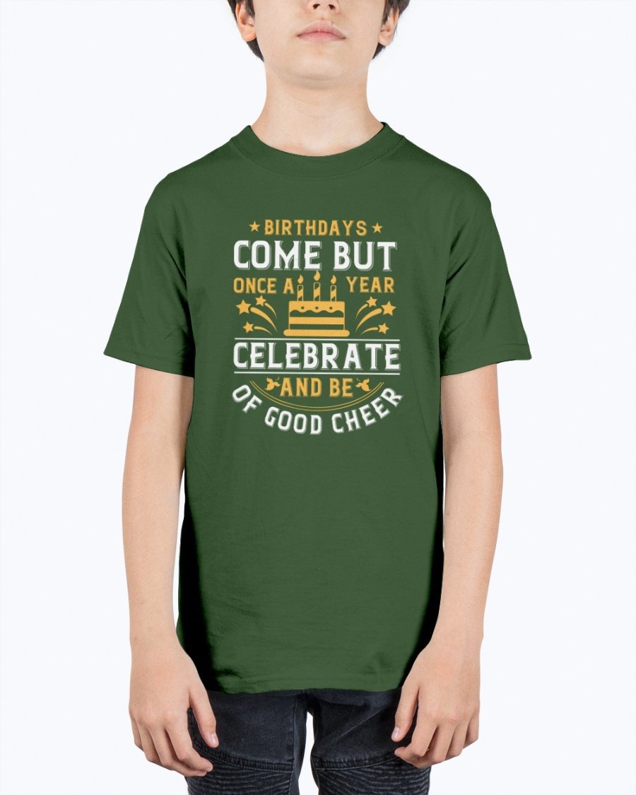 Youth T-shirt featuring a cheerful birthday design, made from durable cotton blend, perfect for celebrations.
