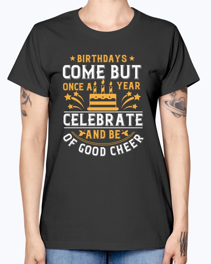 A stylish Missy T-Shirt featuring a scoop neck and cap sleeves, made from 100% preshrunk cotton, perfect for birthday celebrations.