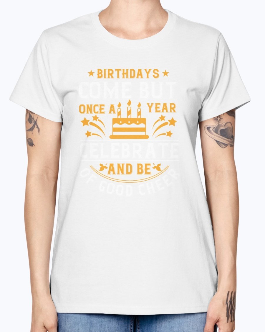 A stylish Missy T-Shirt featuring a scoop neck and cap sleeves, made from 100% preshrunk cotton, perfect for birthday celebrations.