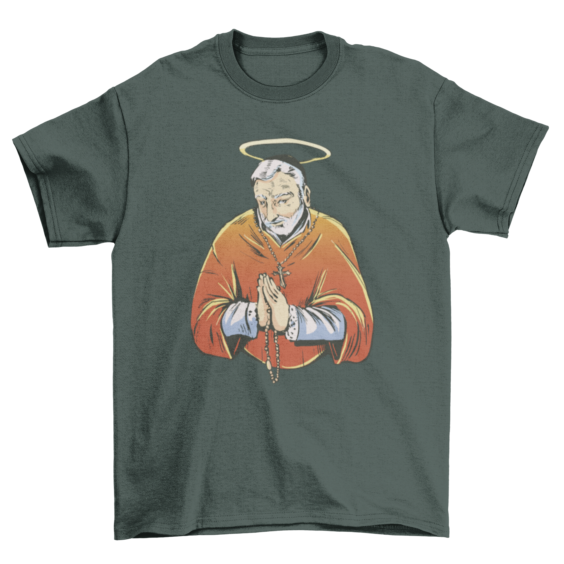 Bishop Christian religion t-shirt featuring a bishop with a halo and hands in prayer, designed for comfort and style.