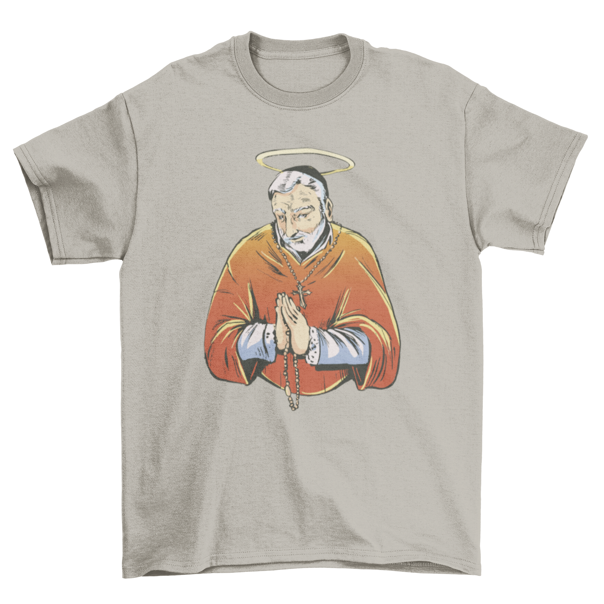 Bishop Christian religion t-shirt featuring a bishop with a halo and hands in prayer, designed for comfort and style.