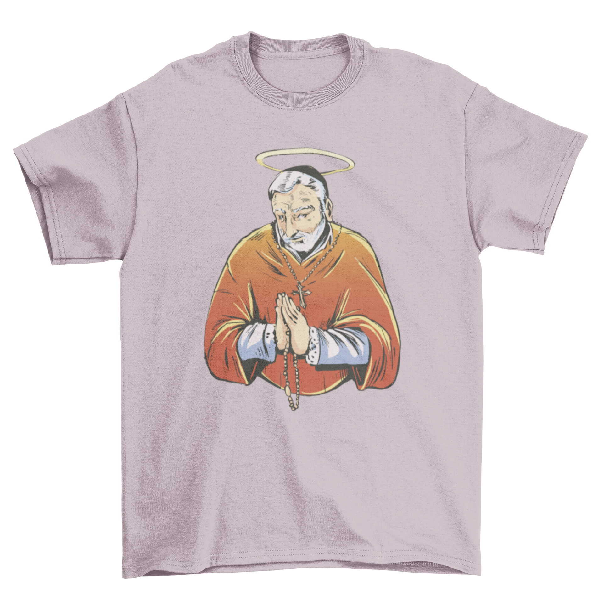 Bishop Christian religion t-shirt featuring a bishop with a halo and hands in prayer, designed for comfort and style.