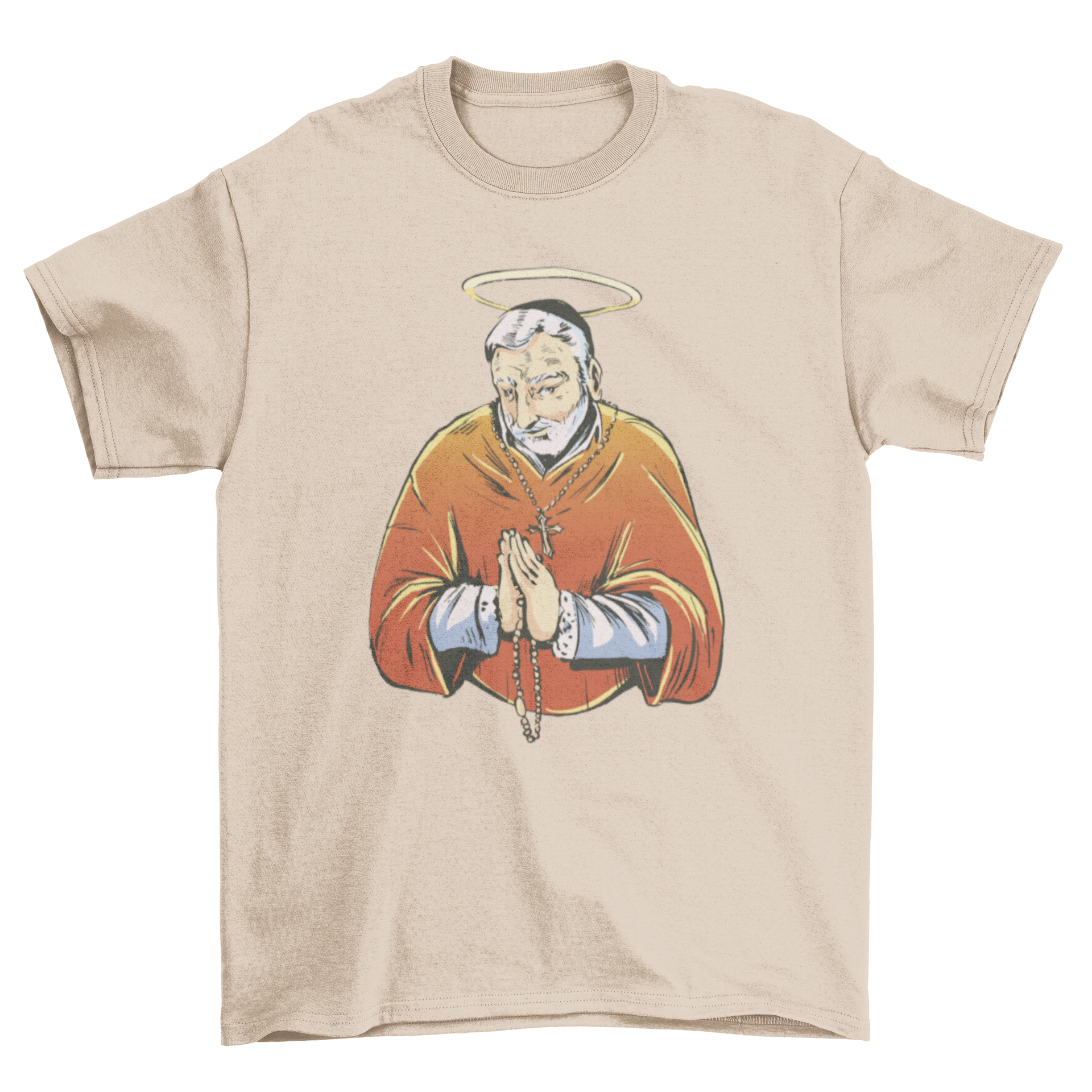 Bishop Christian religion t-shirt featuring a bishop with a halo and hands in prayer, designed for comfort and style.