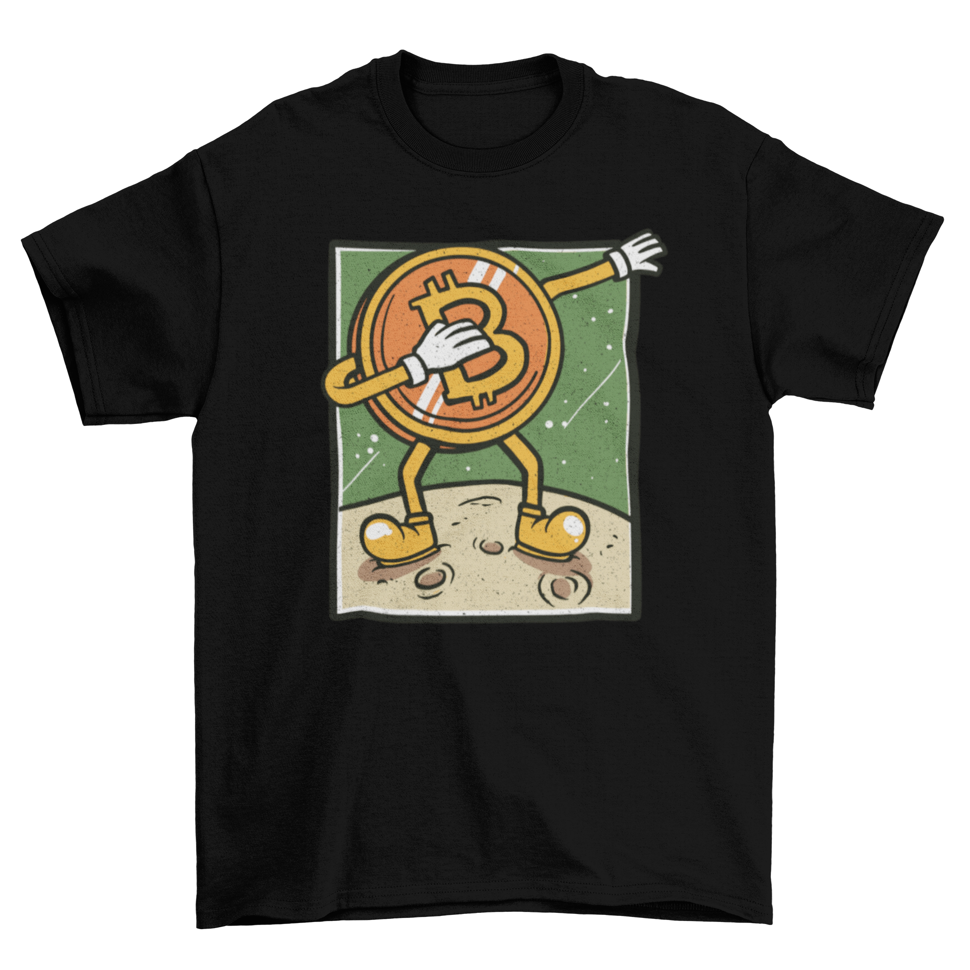 A humorous t-shirt featuring a Bitcoin character dabbing on the moon's surface, showcasing a fun and trendy design.