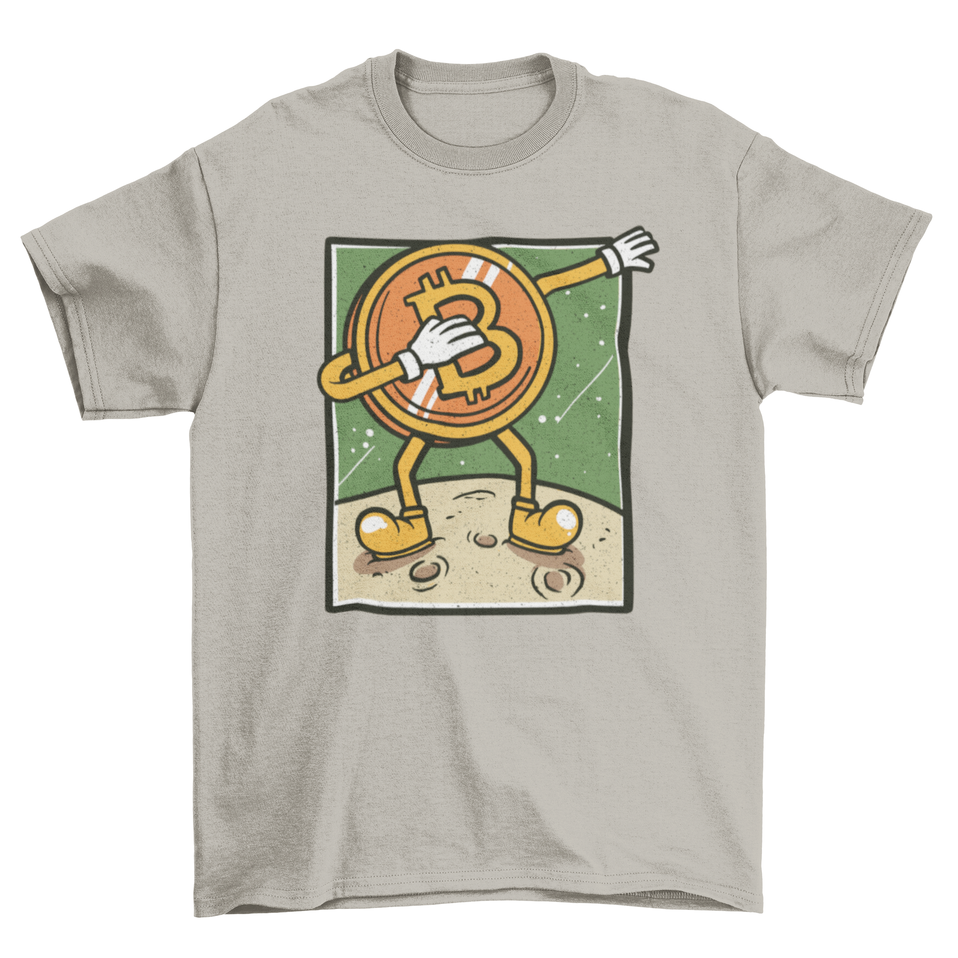 A humorous t-shirt featuring a Bitcoin character dabbing on the moon's surface, showcasing a fun and trendy design.