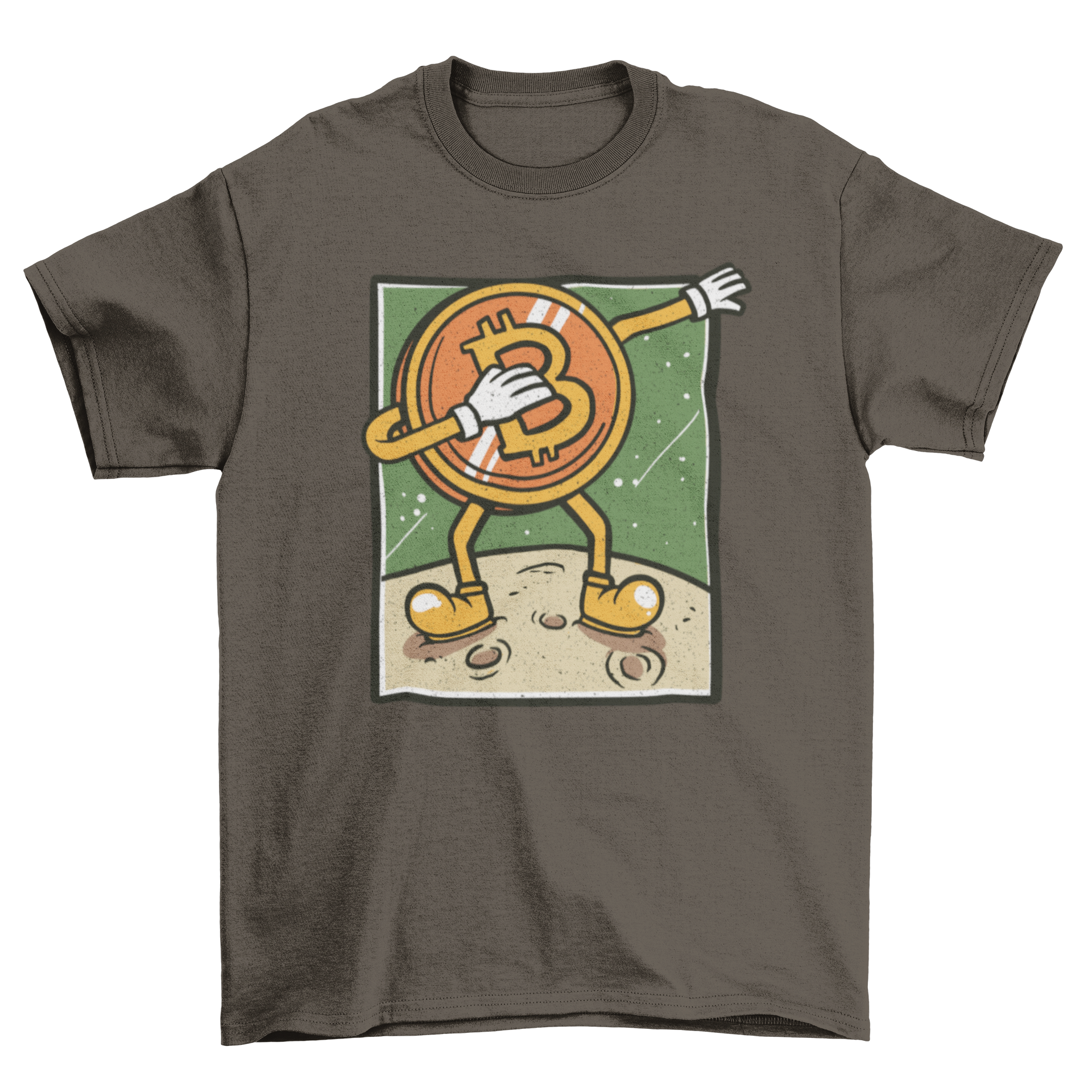 A humorous t-shirt featuring a Bitcoin character dabbing on the moon's surface, showcasing a fun and trendy design.
