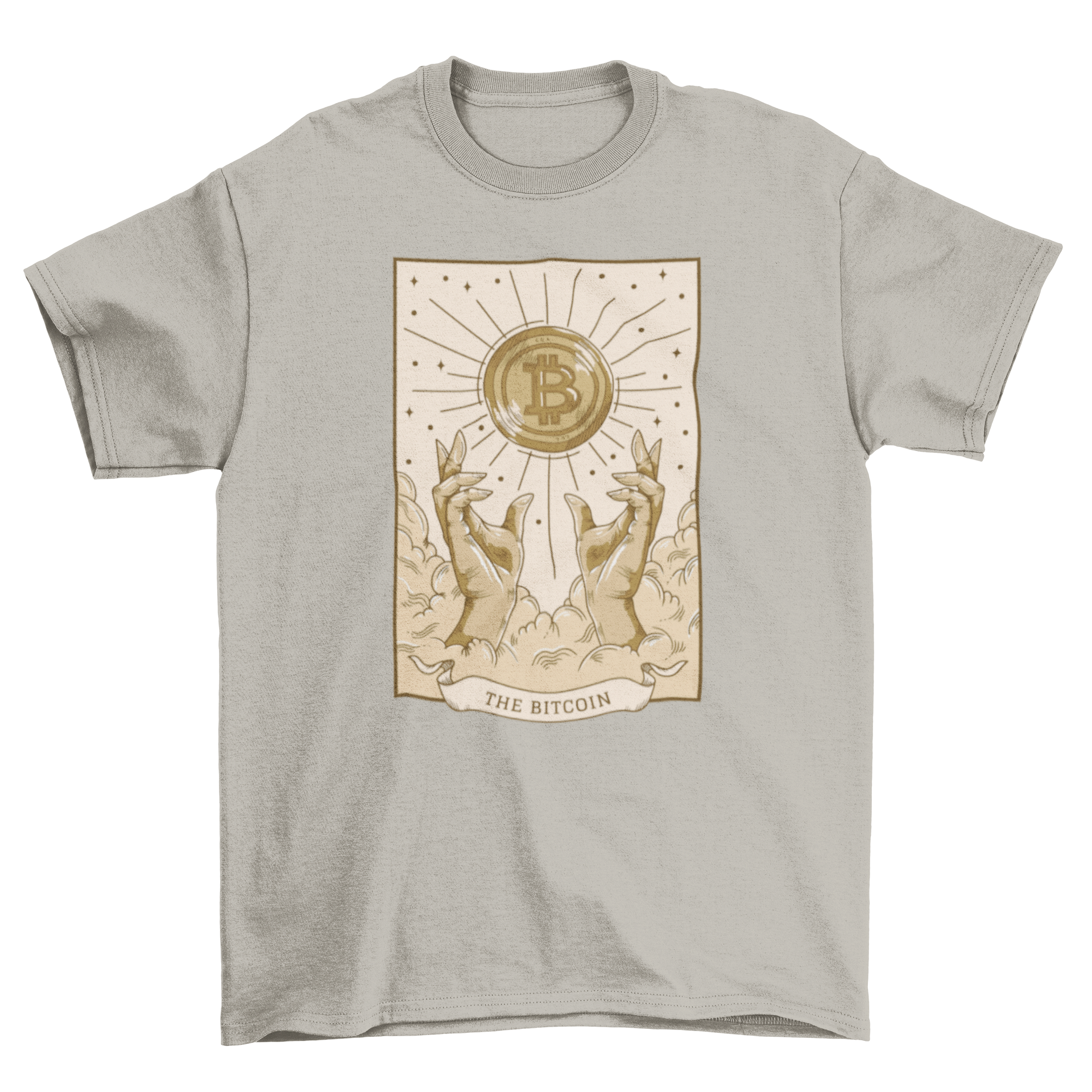 A stylish t-shirt featuring a tarot card design with two hands reaching for the Bitcoin symbol, perfect for crypto enthusiasts.