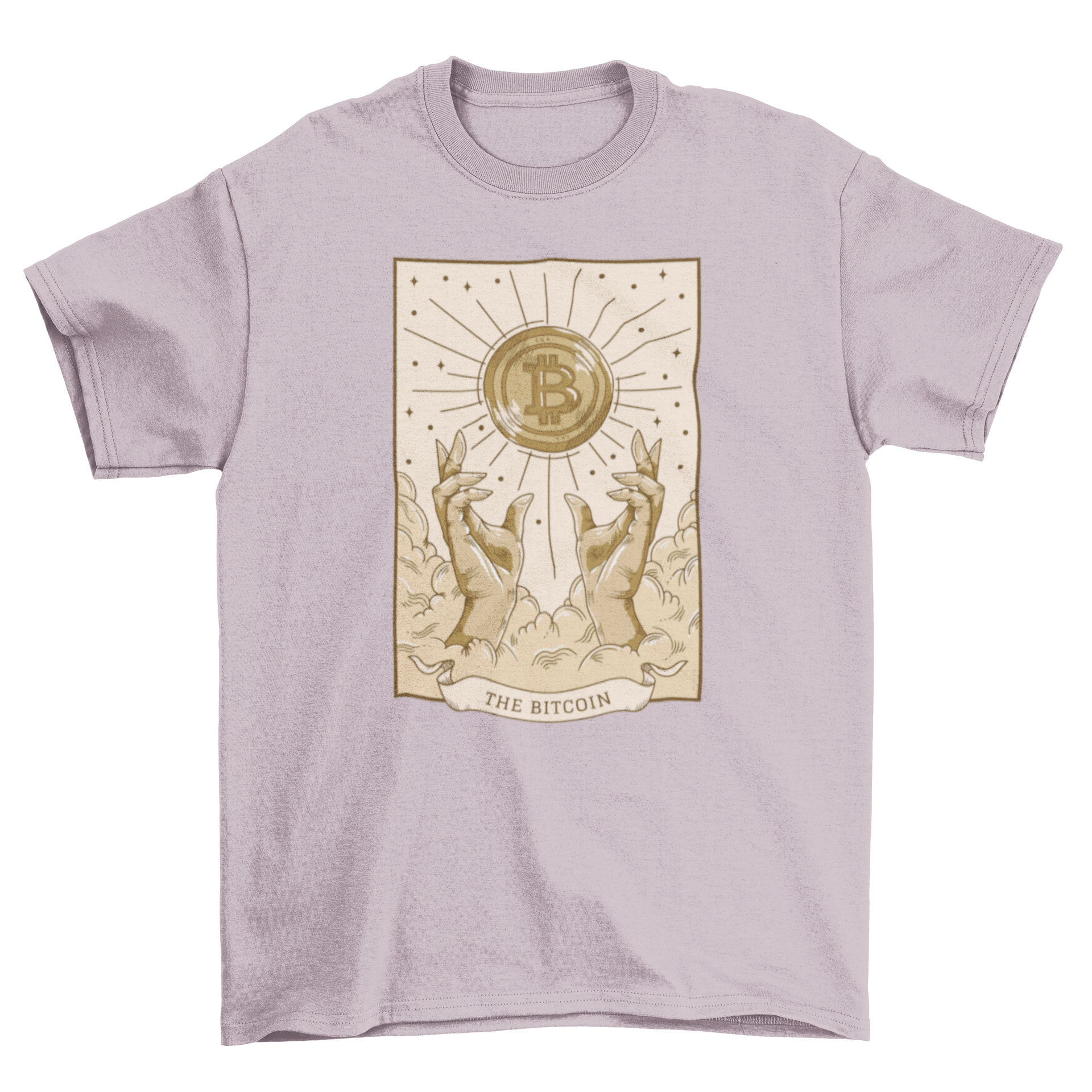 A stylish t-shirt featuring a tarot card design with two hands reaching for the Bitcoin symbol, perfect for crypto enthusiasts.